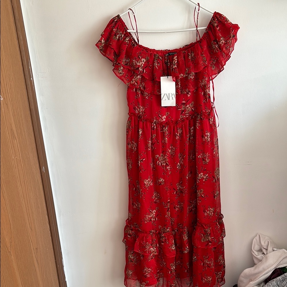 Zara Red Floral Off-Shoulder Dress